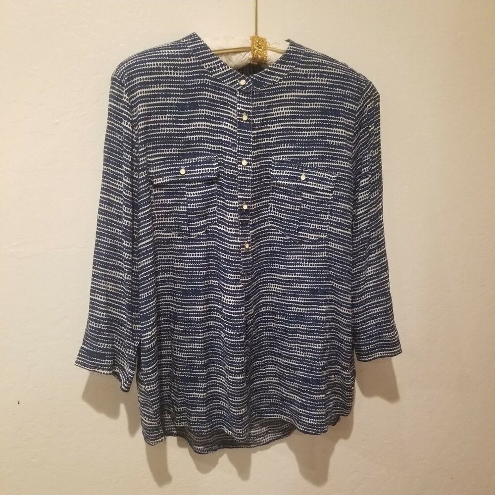 New JCP Women's XL Button Down Shirt Top Long Sleeves Blouse Dot Stripe EST Blue